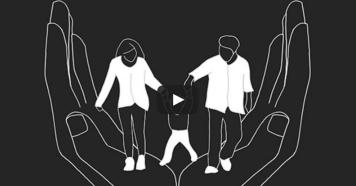 A still from the video showing large animated hands holding up two parents and their toddler