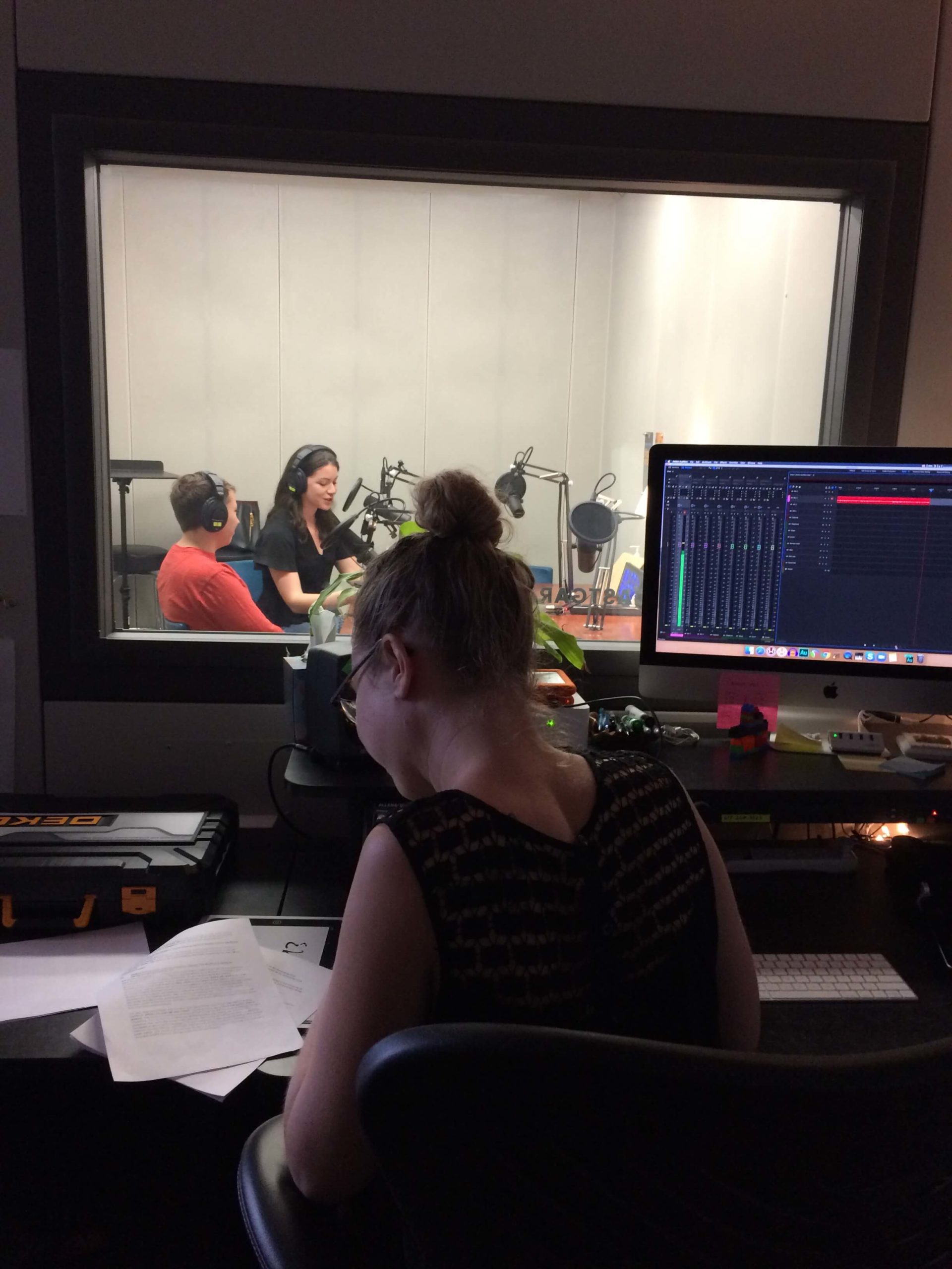 Center staffers Sally Pfitzer, Charley Gibney, and Brandi Thomas record an episode of the Brain Architects podcast