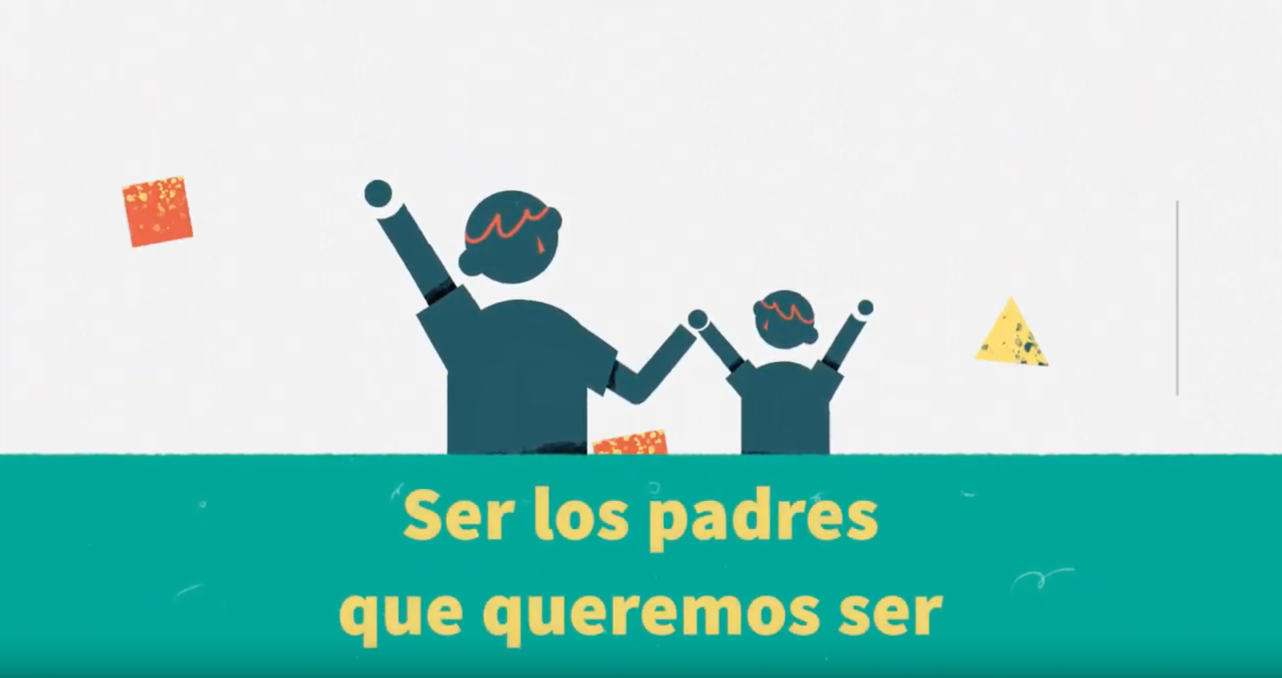 Illustrated adult and child holding hands with text 'Ser los padres que queremos ser'