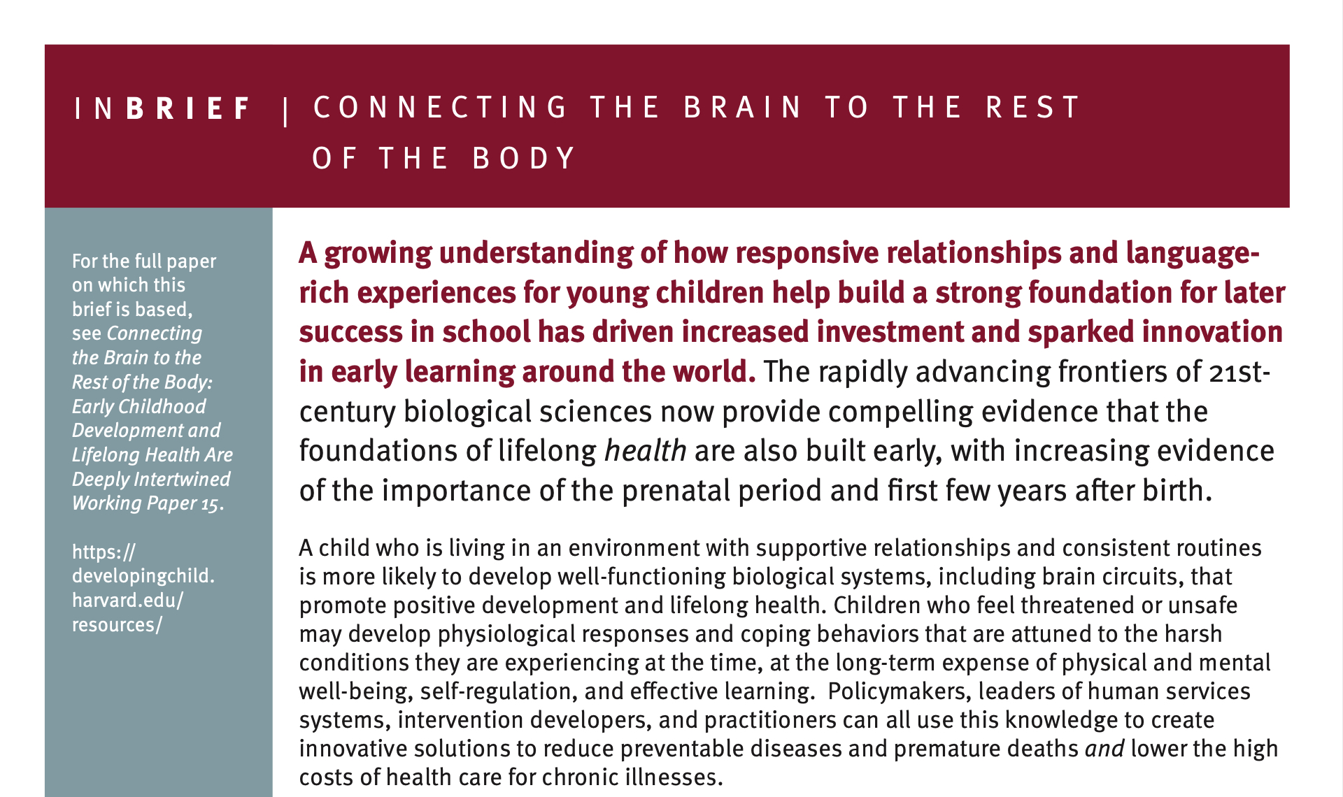 connecting the brain to the rest of the body early childhood development and lifelong health are deeply intertwined center on the developing child at harvard university