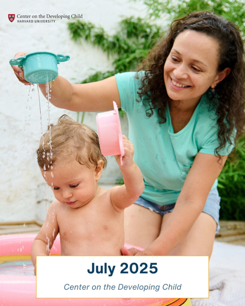 child in small pool with a caregiver pouring water